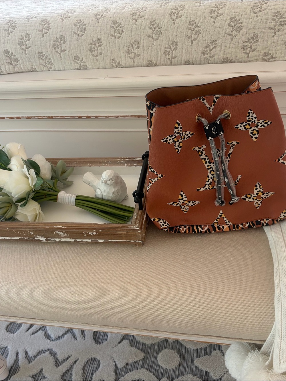 Leather Drawstring Bucket Bag in Cognac Brown with Leopard Trim